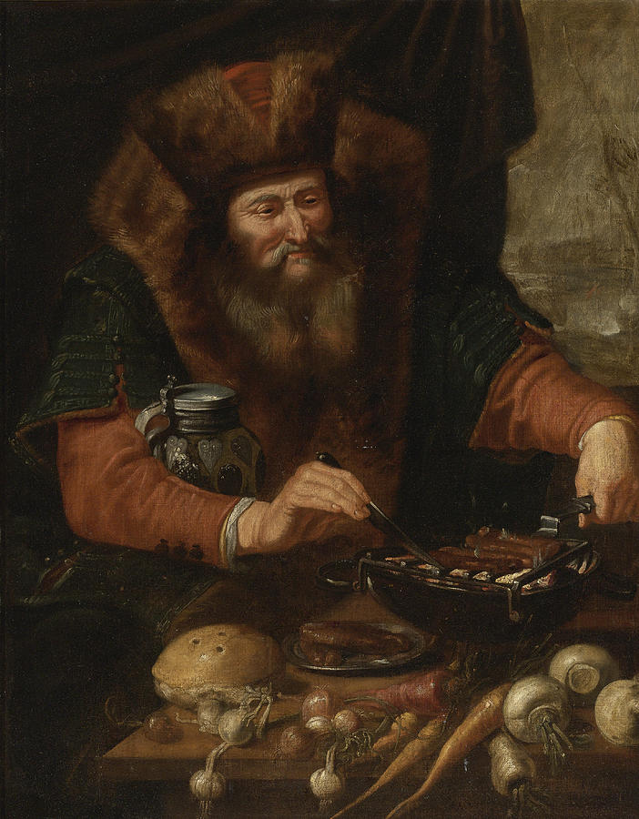 Bearded Man cooking Sausages Painting by Attributed to Artus Wolffort