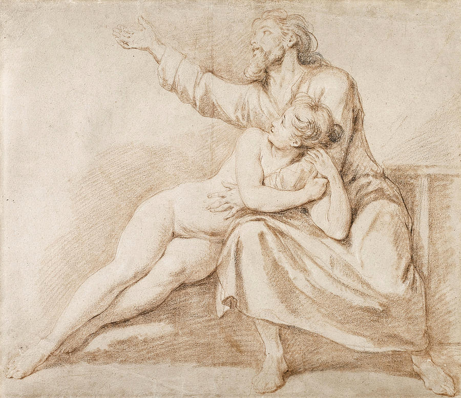 Bearded Man embracing a Young Woman Drawing by Nicolas-Rene Jollain