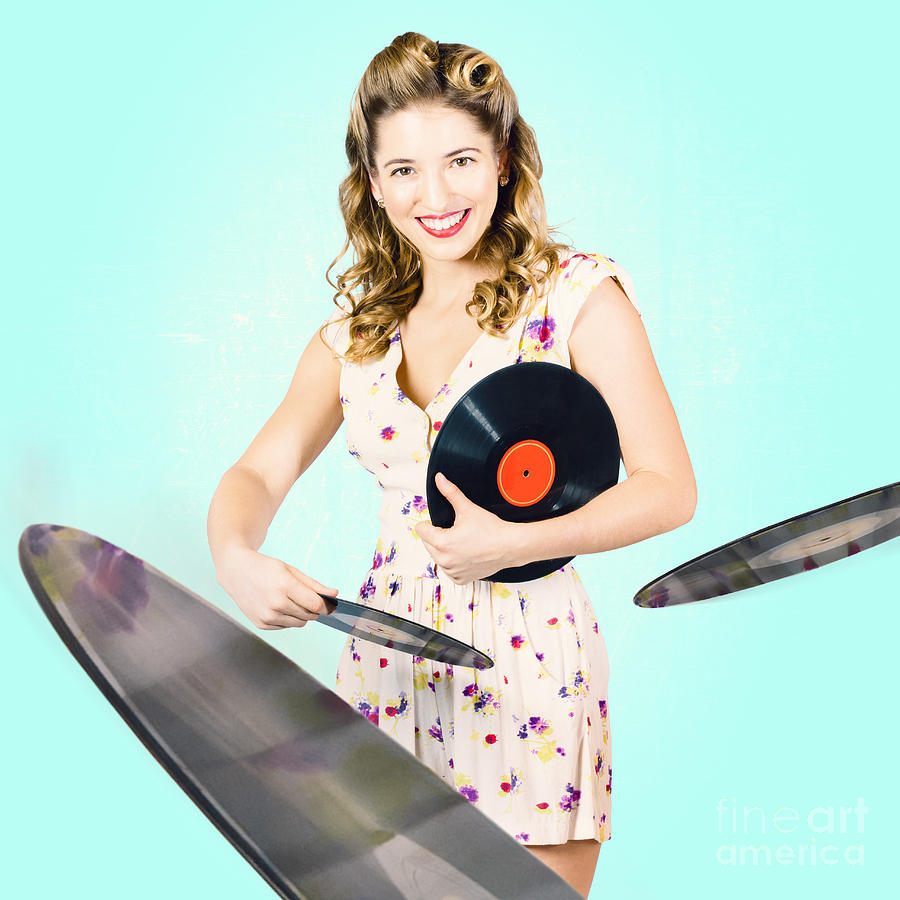 Beautiful 70s DJ pinup girl with record music disc Photograph by Jorgo Photography