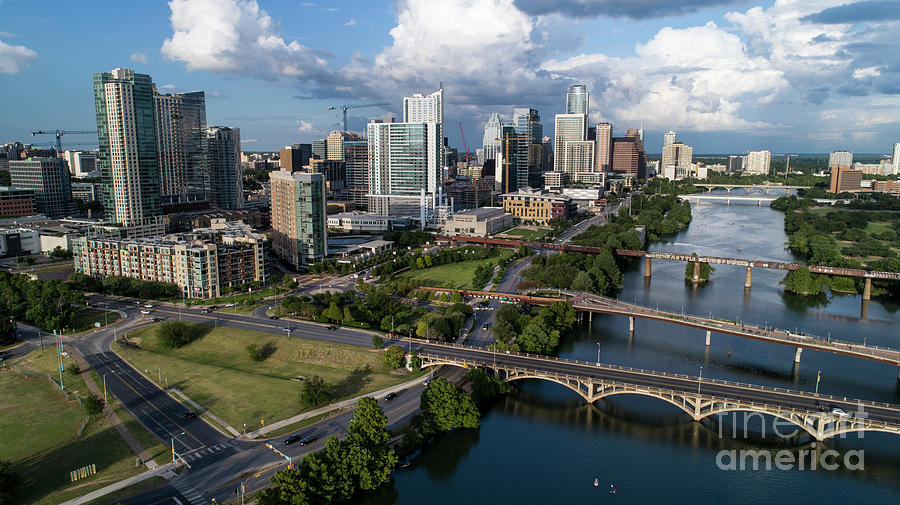 Austin Skyline Photograph - Beautiful aerial view of the downtown Austin Skyline overlooking Lady Bird Lake and the Lamar Blvd. by Dan Herron