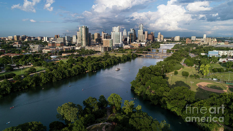 Austin Skyline Photograph - Beautiful aerial view of the downtown bustling downtown Austin Skyline overlooking Lady Bird Lake  by Dan Herron