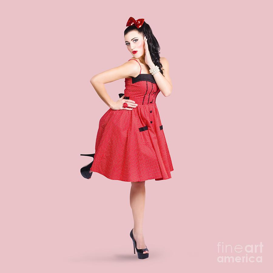 Beautiful Brunette Pinup Girl In Red Retro Dress Photograph By Jorgo 
