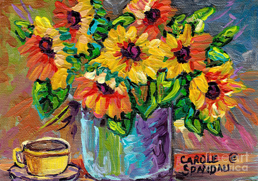 Beautiful Colorful Sunflowers In Blue Vase Original Painting By Carole Spandau Painting by Carole Spandau