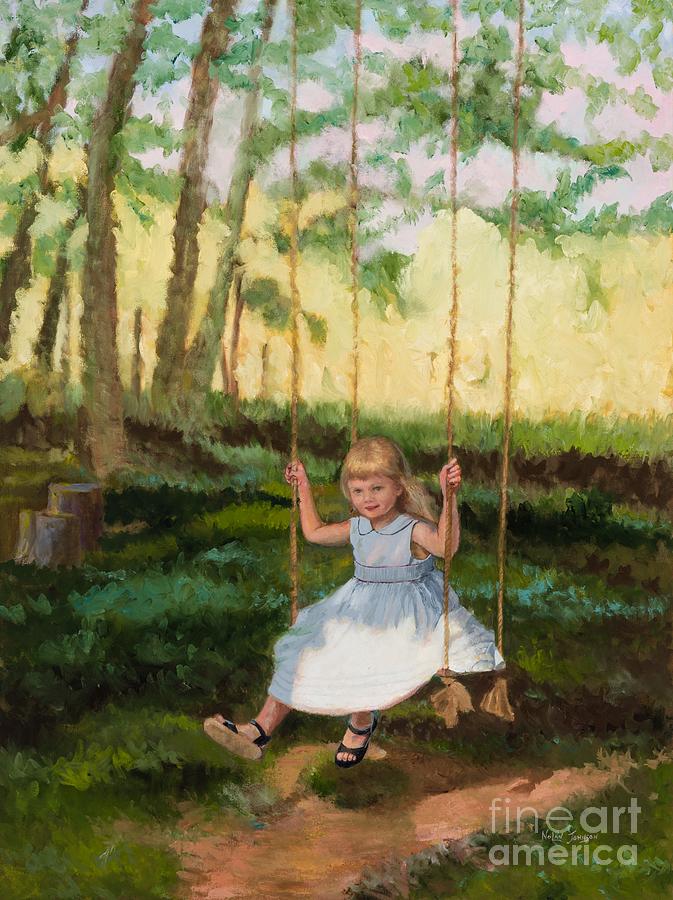 Beautiful Flower Girl On Tree Swing By Marilyn Nolan-Johnson Painting by Marilyn Nolan-Johnson