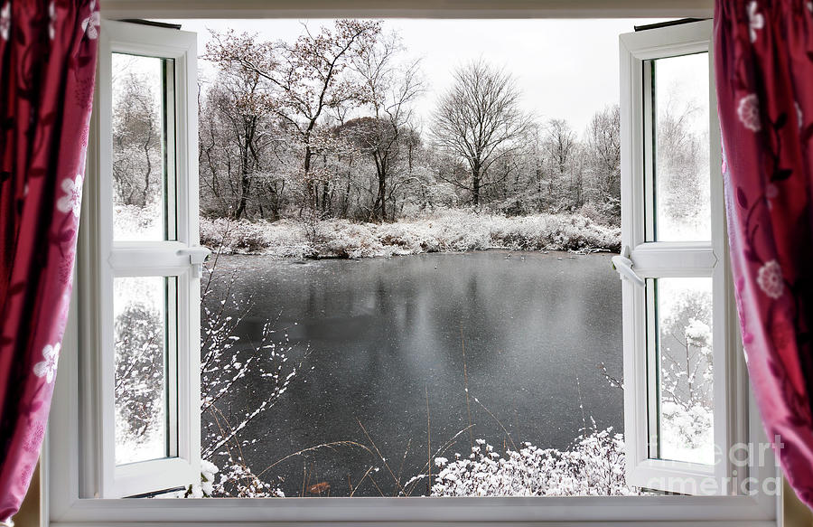 Beautiful frozen lake scene through an open window Photograph by Simon Bratt