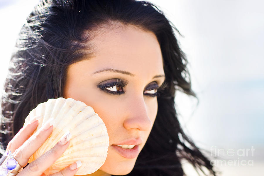 Shell Photograph - Beautiful Girl Holding A Cockle Shell by Jorgo Photography
