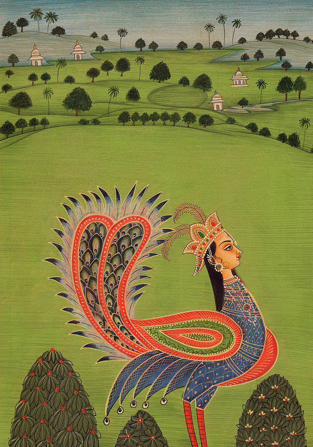 Beautiful Gorgeous Peafowl Peacock Peahen indian miniature painting watercolor Artwork Painting by Suresh Kumawat