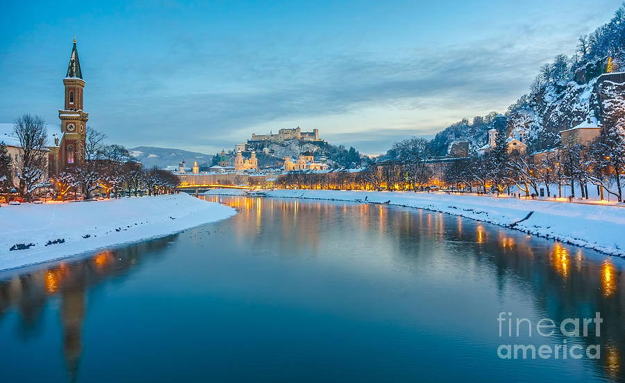 Wolfgang Amadeus Mozart Photograph - Beautiful historic city of Salzburg  in winter at night, Austria by JR Photography