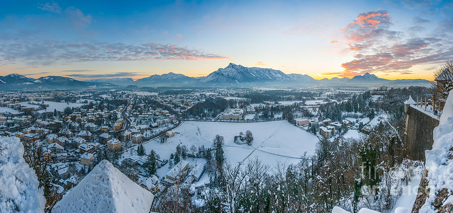 Beautiful historic city of Salzburg in winter at sunset, Austria Photograph by JR Photography