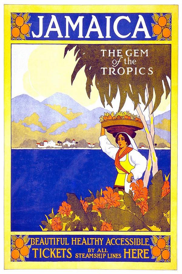 Beautiful Jamaican Landscape Illustration - Vintage Travel Poster - Gem of the Tropics Painting by Studio Grafiikka