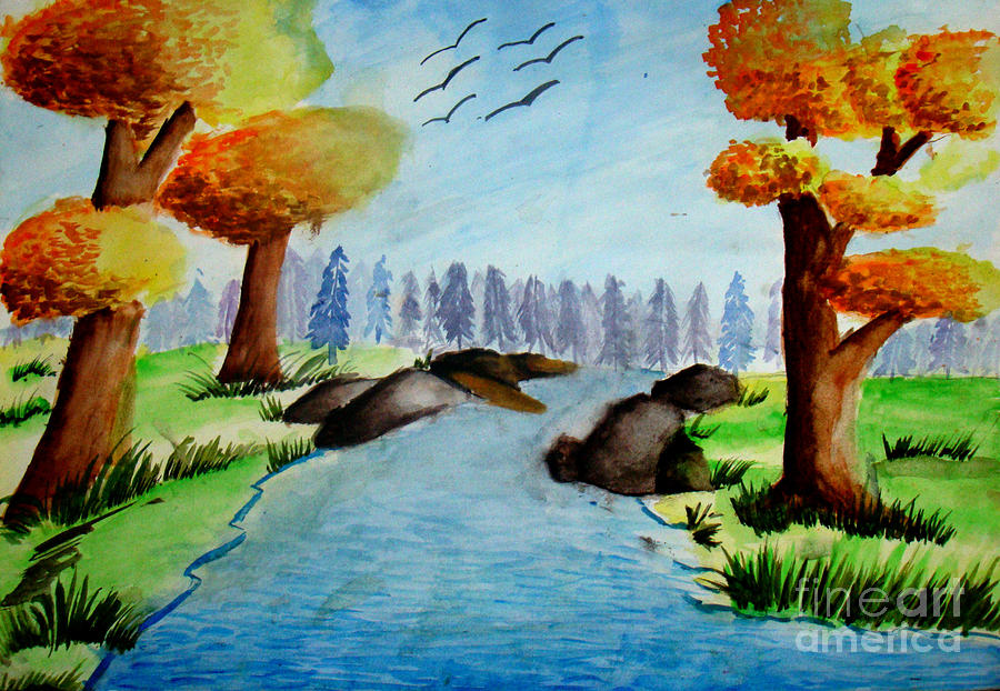 Waterfall scenery drawing for beginners with Oil Pastels - step by step  Video Lecture - Art and Sketching for Junior Classes - Class 3