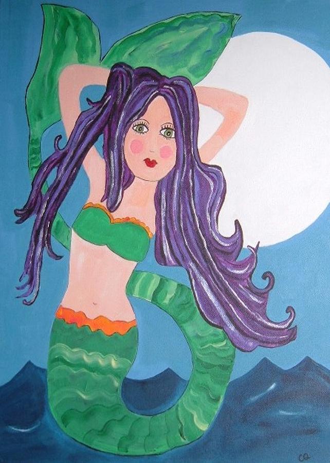 Beautiful Mermaid With Purple Hair Painting By Christine Quimby