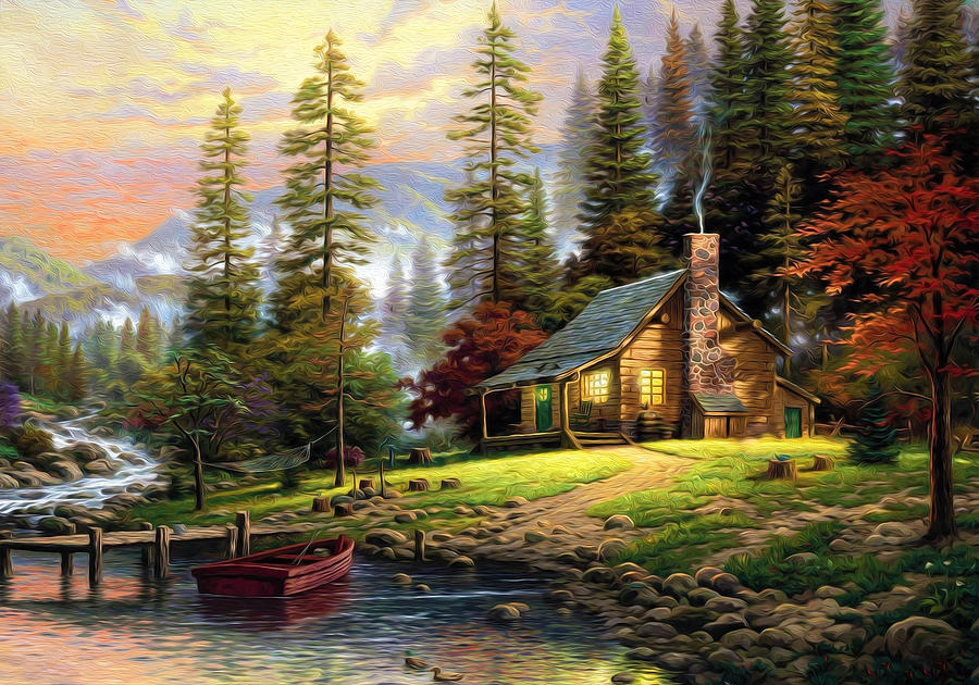 Beautiful Mountainaint Wooden Chalet On River Shore Digital Art by ...