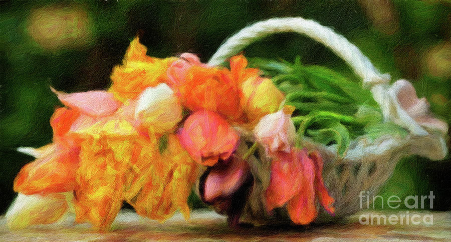 Beautiful orange and yellow flowers in a white basket Digital Art by Amy Cicconi