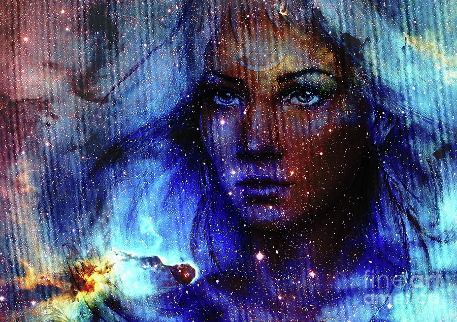 Beautiful Painting Goddess Woman And Color Space Background With Stars Painting By Jozef Klopacka