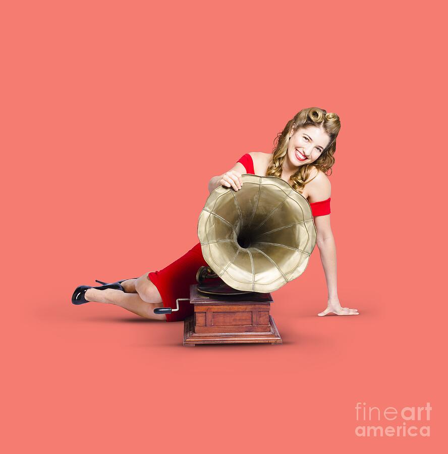 Beautiful pinup woman listening to old gramophone Photograph by Jorgo Photography Beautiful pinup woman listening to old gramophone Photograph by Jorgo Photography