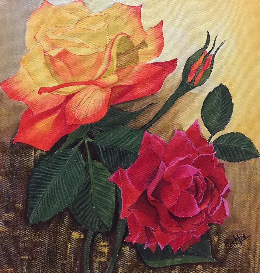 Rose Painting - Beautiful red with yellow by Pushpa Sharma