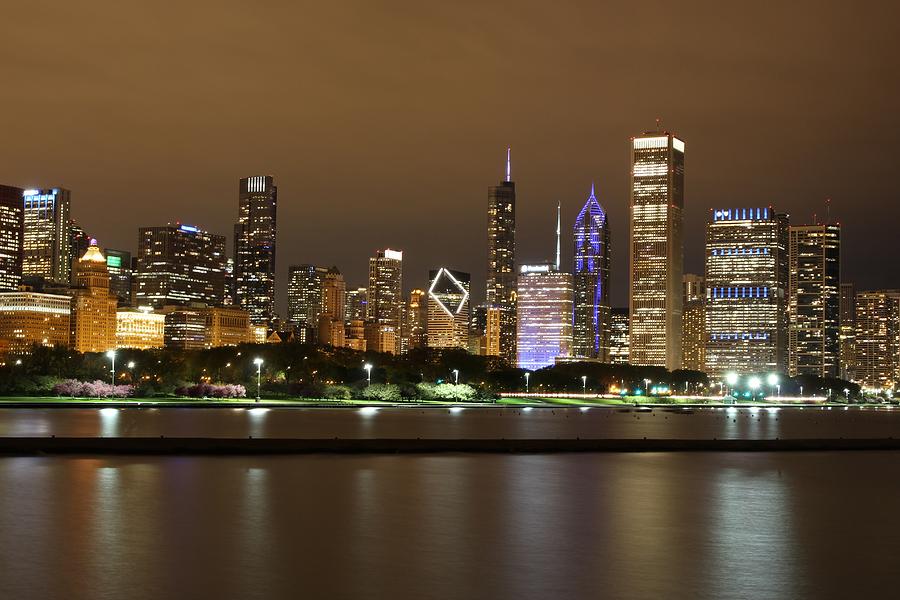 Beautiful River Side City View In The Night With Colorful Lights And Tall Buildings Photograph By Artpics Fine Art America