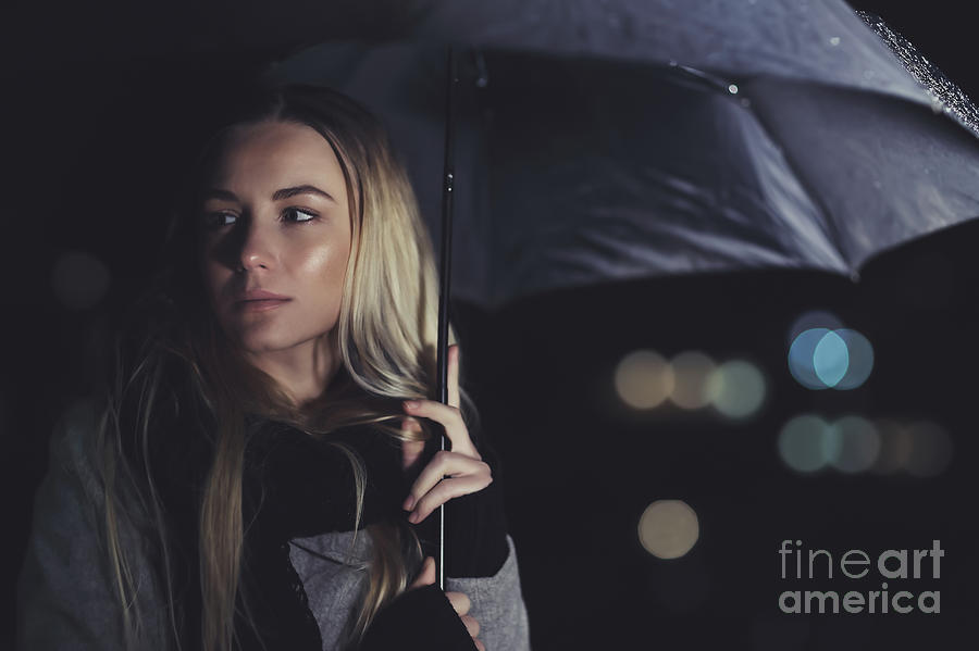 Beautiful sad woman at rainy night Photograph by Anna Om
