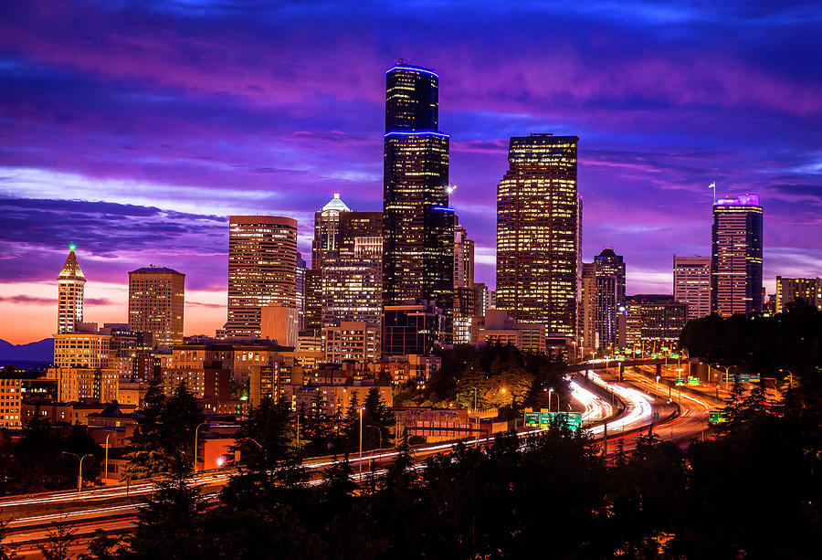 Seattle Photograph - Beautiful sunset over Seattle skyline by Matt Shiffler