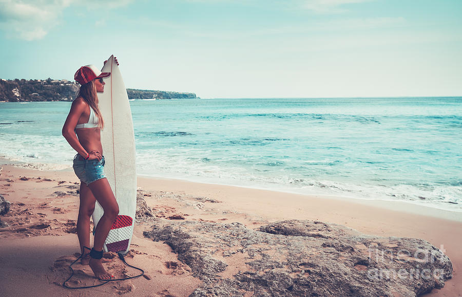 Beautiful surfer girl on the beach Photograph by Anna Om