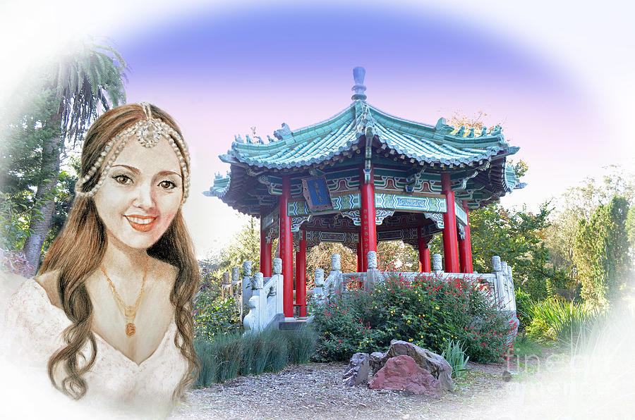 Beautiful Vietnamese Bride by the Pagoda at Stow Lake in Golden Gate Park II Digital Art by Jim Fitzpatrick