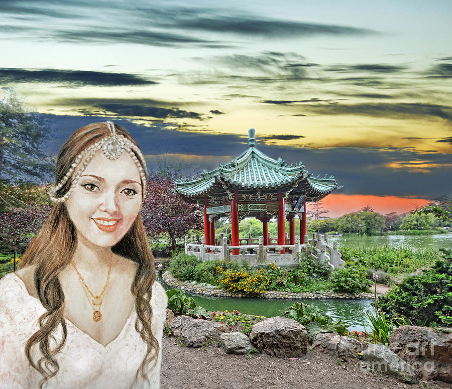 Beautiful Vietnamese Bride by the Pagoda at Stow Lake in Golden Gate Park Digital Art by Jim Fitzpatrick