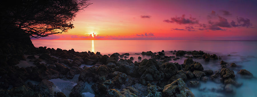 Sunset Photograph - Beautiful vivid sunset over beach reef in Indian ocean, Maldives panorama by Aleksandr Matveev