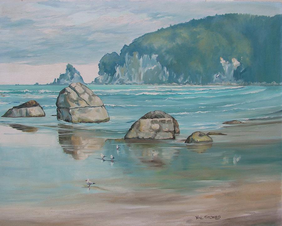 Beautiful Whangamata Beach. New Zealand. Painting by Val Stokes