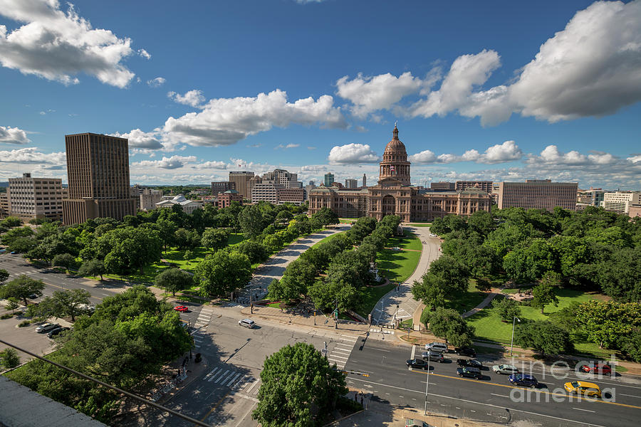 Austin Photograph - Beautiful wide shot view of the State of Texas Capitol grounds south west-view including the Westgate Tower by Dan Herron