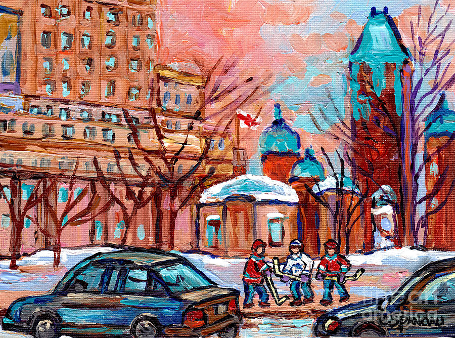 Beautiful Winter Day Downtown Montreal Dominion Square Hockey Art Canadian Scene Carole Spandau      Painting by Carole Spandau