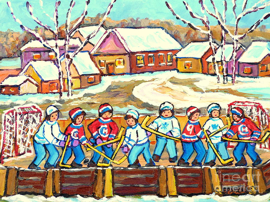 Beautiful Winter Day Laurentian Village Scene Outdoor Rink Hockey Game Painting C Spandau Quebec Art Painting by Carole Spandau