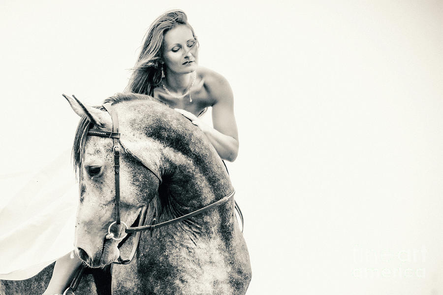 Beautiful woman in white dress and black horse portrait Photograph by Dimitar Hristov