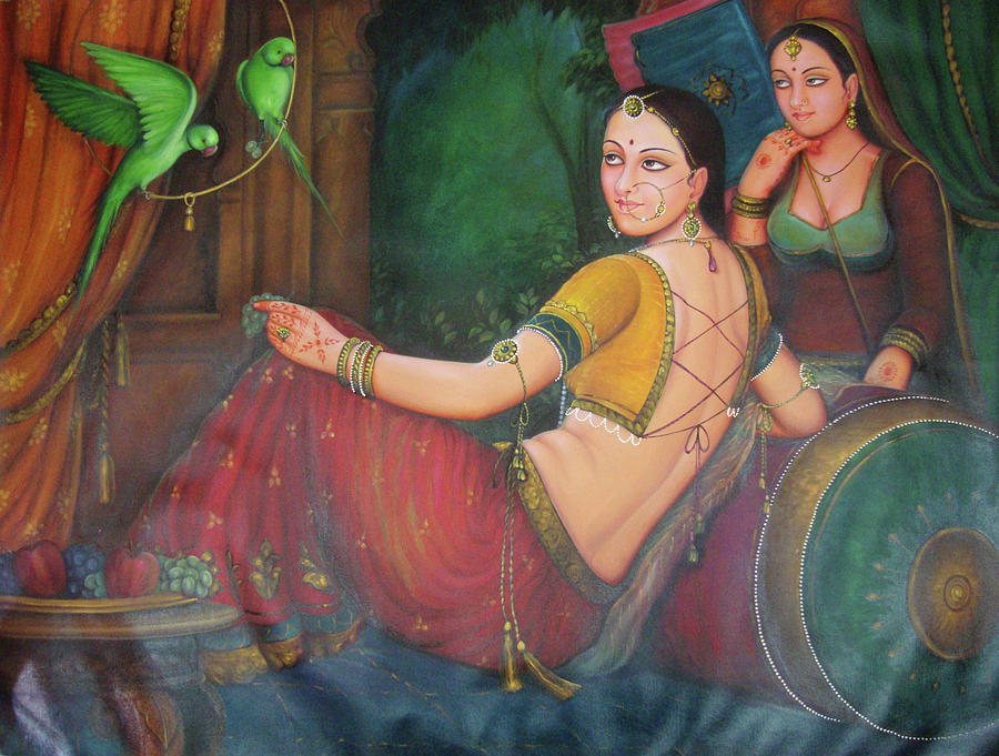 Beautiful Woman Princess Artistic Designer Art Parrot Oil Painting On Canvas Painting by M B Sharma