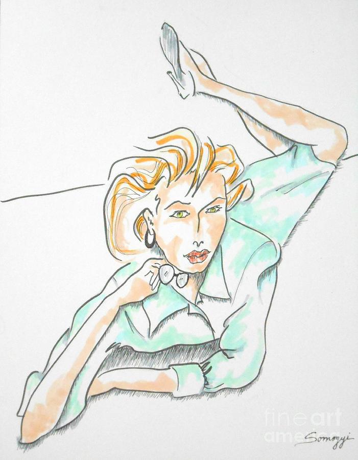 Beautiful Woman, Reclining -- Portrait of Woman on Floor Drawing by Jayne Somogy