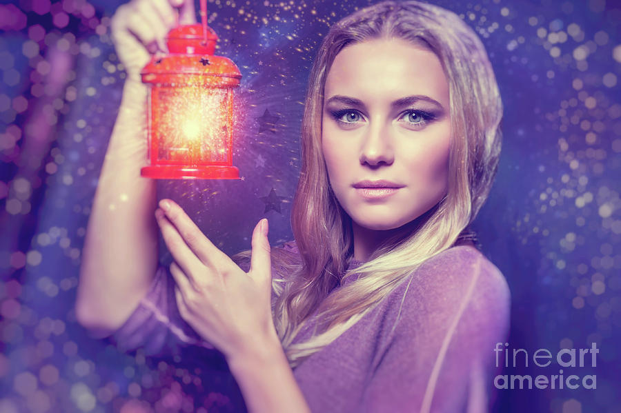 Beautiful woman with glowing lantern Photograph by Anna Om