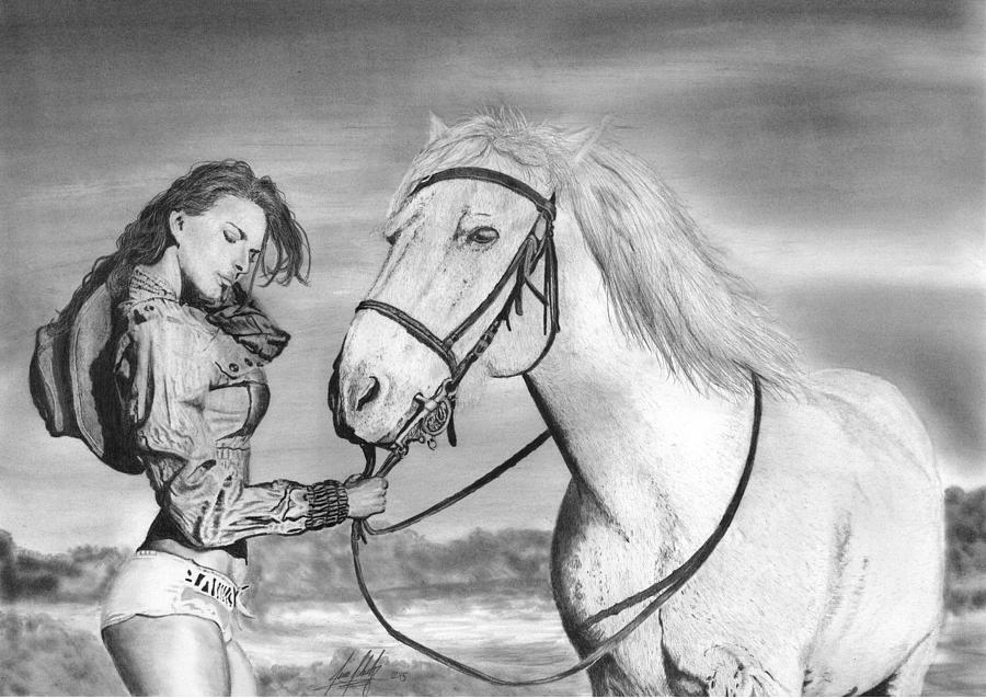 Animal Drawing - Beautiful Woman with Horse by James Schultz