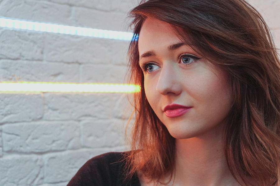 Beautiful Young Girl Portrait With Contact Lens And Neon Lights 