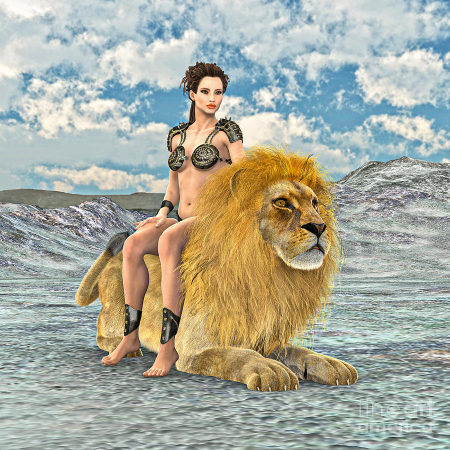 Fantasy Digital Art - Beauty and Lion by Design Windmill