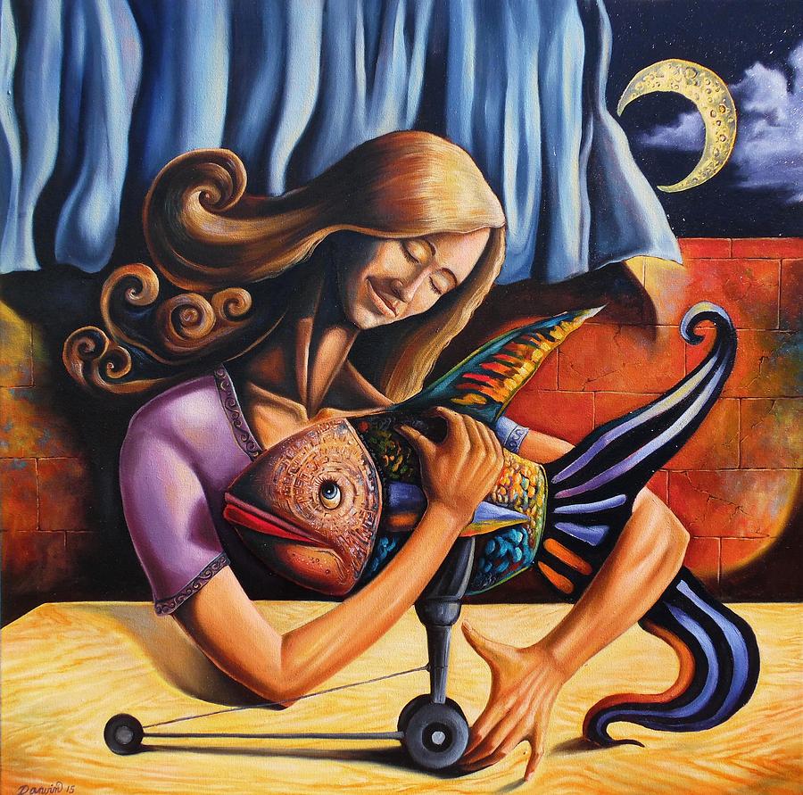 Surrealism Painting - Beauty and the fish having an unconditional agreement under the yellow moon by Darwin Leon Surrealism Painting - Beauty and the fish having an unconditional agreement under the yellow moon by Darwin Leon