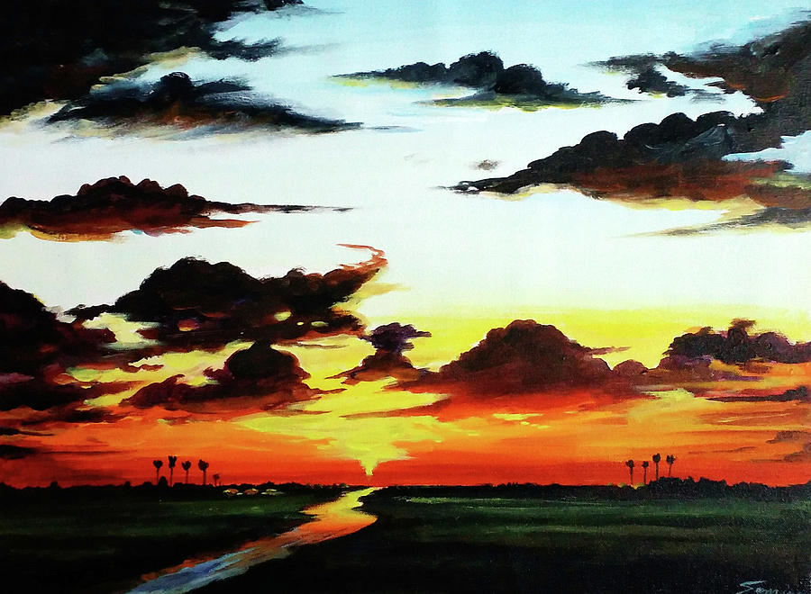 Sunset Painting - Beauty of Sunset Village River by Samiran Sarkar