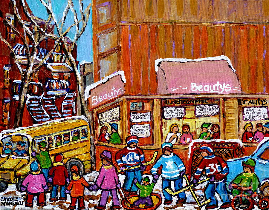 Beautys Deli Montreal Memories Snowy Winter Paintings Hockey Art School Bus Scenes Carole Spandau   Painting by Carole Spandau