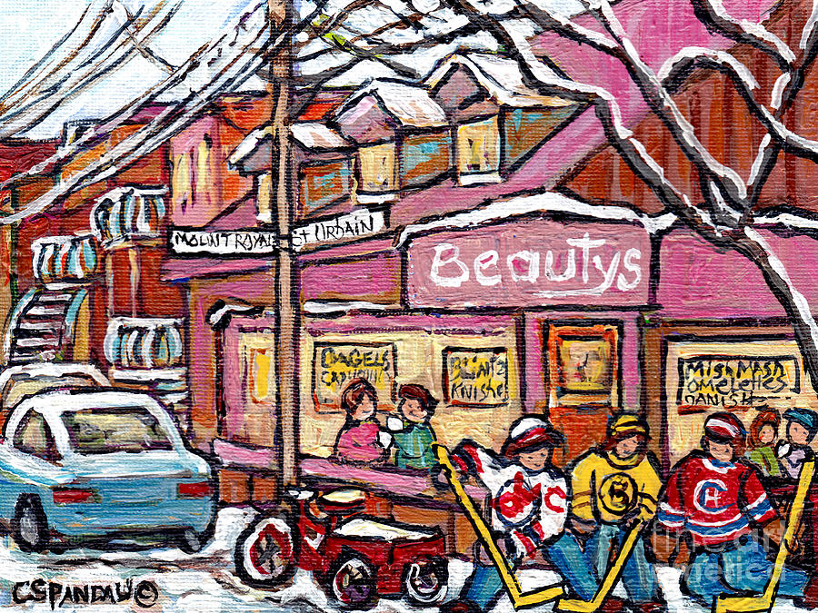 Beautys Deli Montreal Winter In The City Paintings For Sale Hockey Kids Street Hockey C Spandau Art Photograph by Carole Spandau