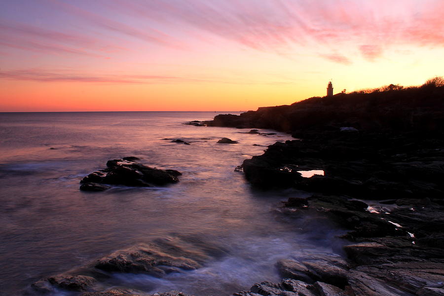 Beavertail State Park Bluffs and Lighthouse at Sunset Photograph by John Burk