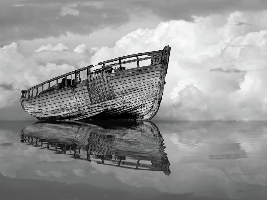 Becalmed - Old Fishing Boat in Black and White Photograph by Gill Billington