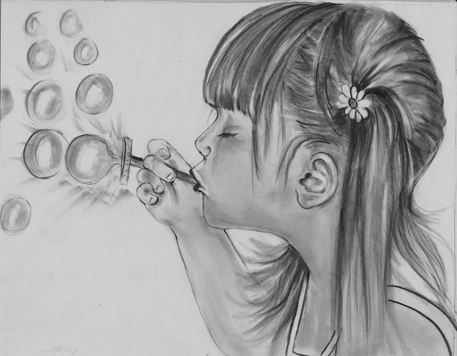 Becky Blowing Bubbles Drawing by Barb Baker