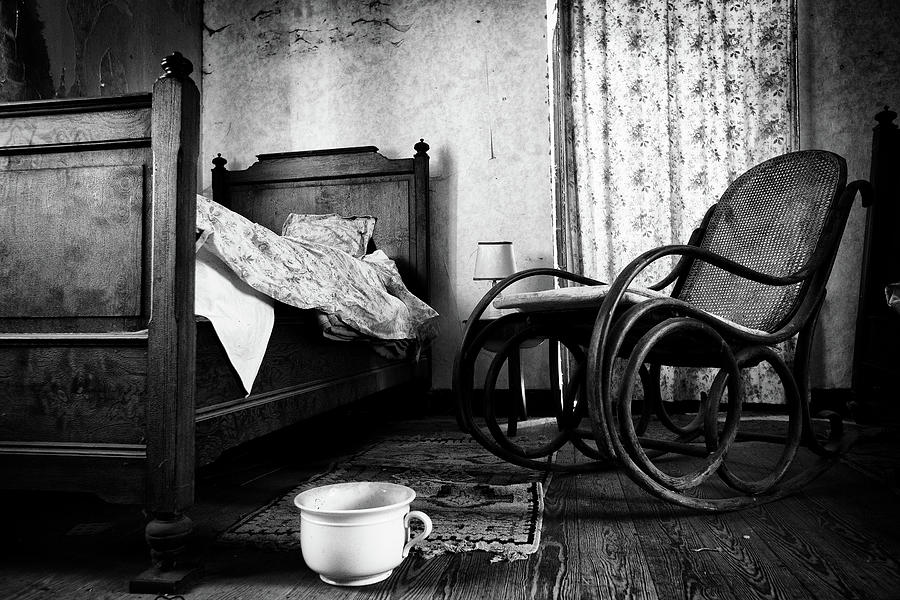 Vintage Photograph - Bed room rocking chair - abandoned building BW by Dirk Ercken