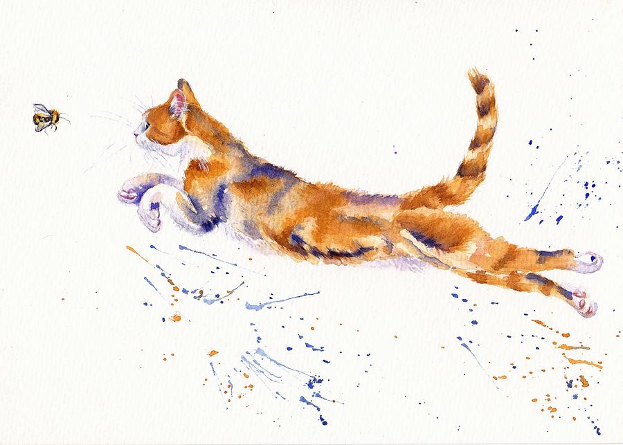 Cat Painting - Bee Airborne - Leaping Cat by Debra Hall