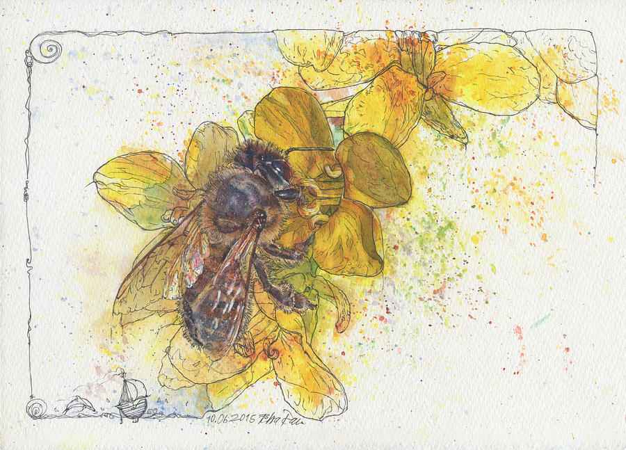 Bee and Brassica blossom Painting by Petra Rau