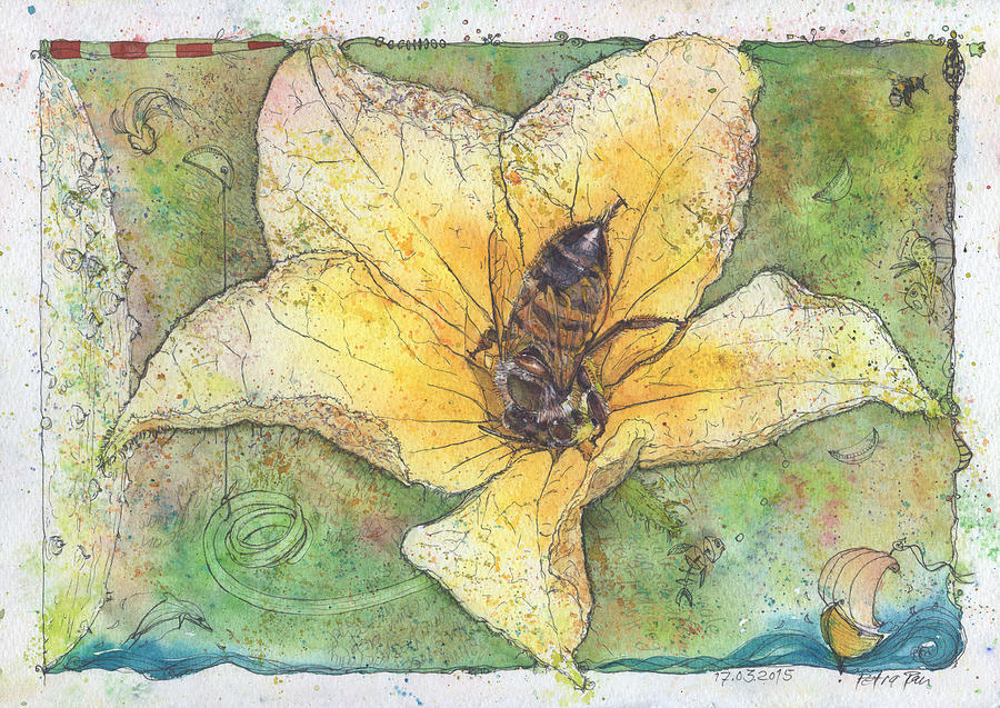 Bee and Cucumber-Flower Painting by Petra Rau